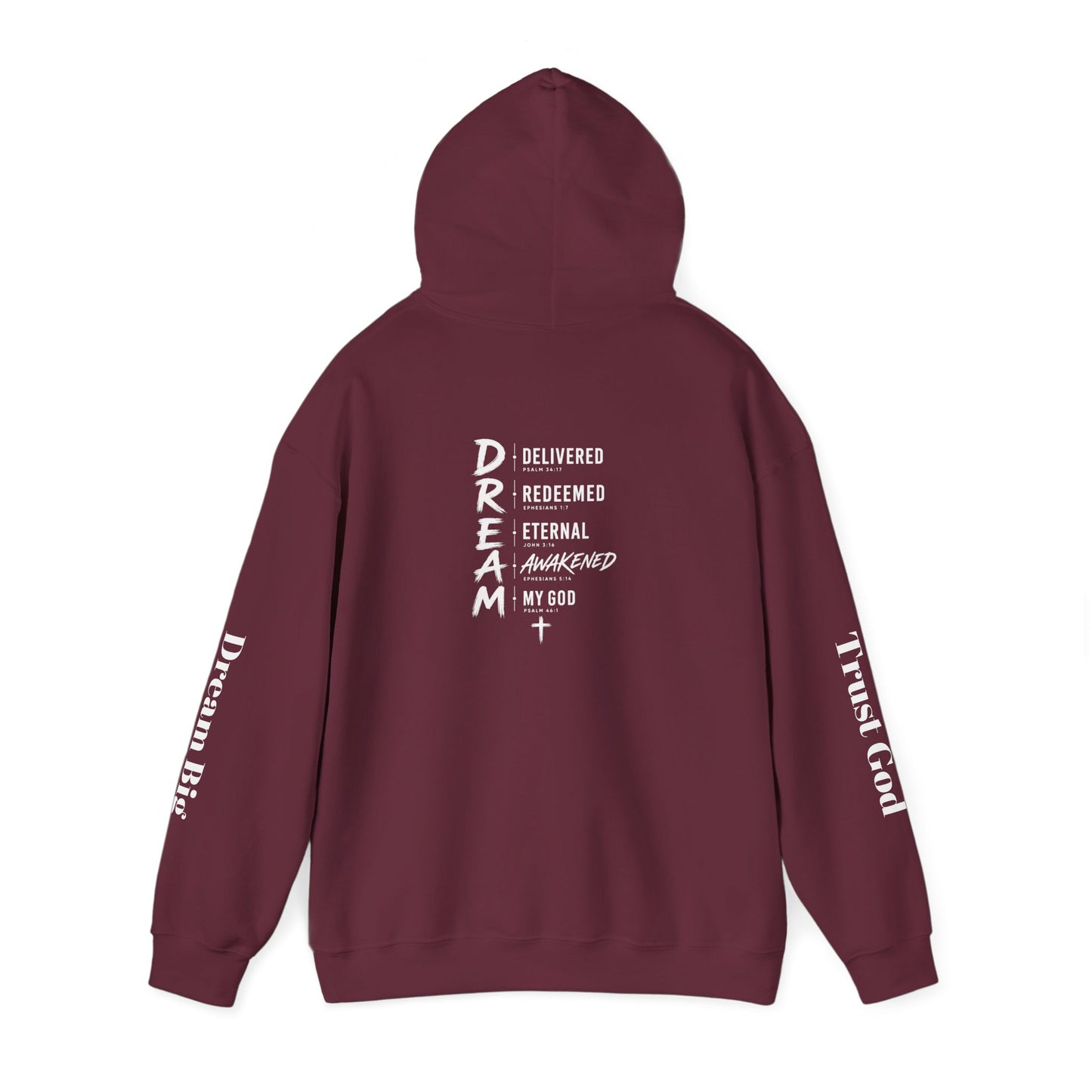 Faith "Dream" Hoodie — Christian Cross Pullover with Inspirational Acronym (Delivered, Redeemed, Eternal, Awakened, My God)