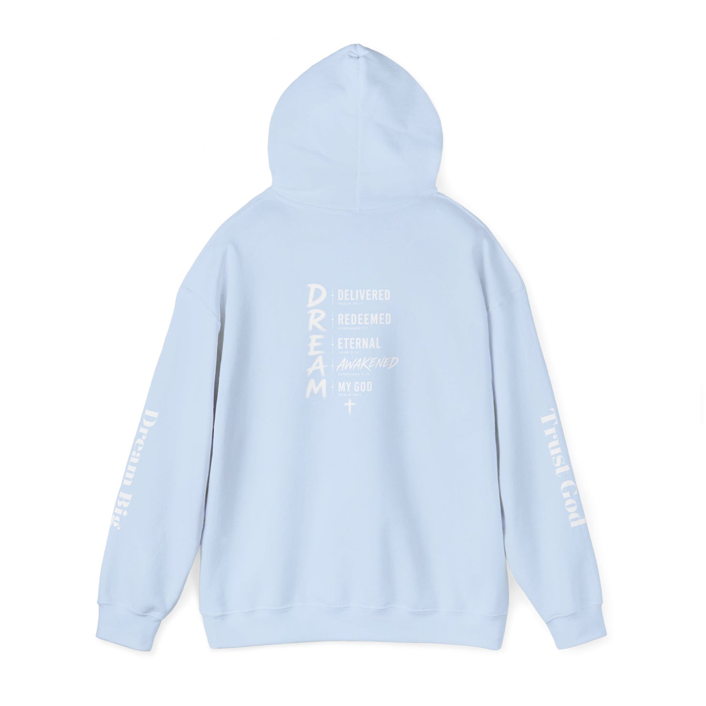 Faith "Dream" Hoodie — Christian Cross Pullover with Inspirational Acronym (Delivered, Redeemed, Eternal, Awakened, My God)